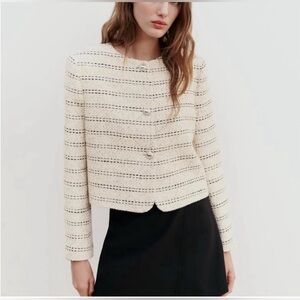 Zara Cropped Tweed Blazer Jacket Cream/Black Stripe – Size Small